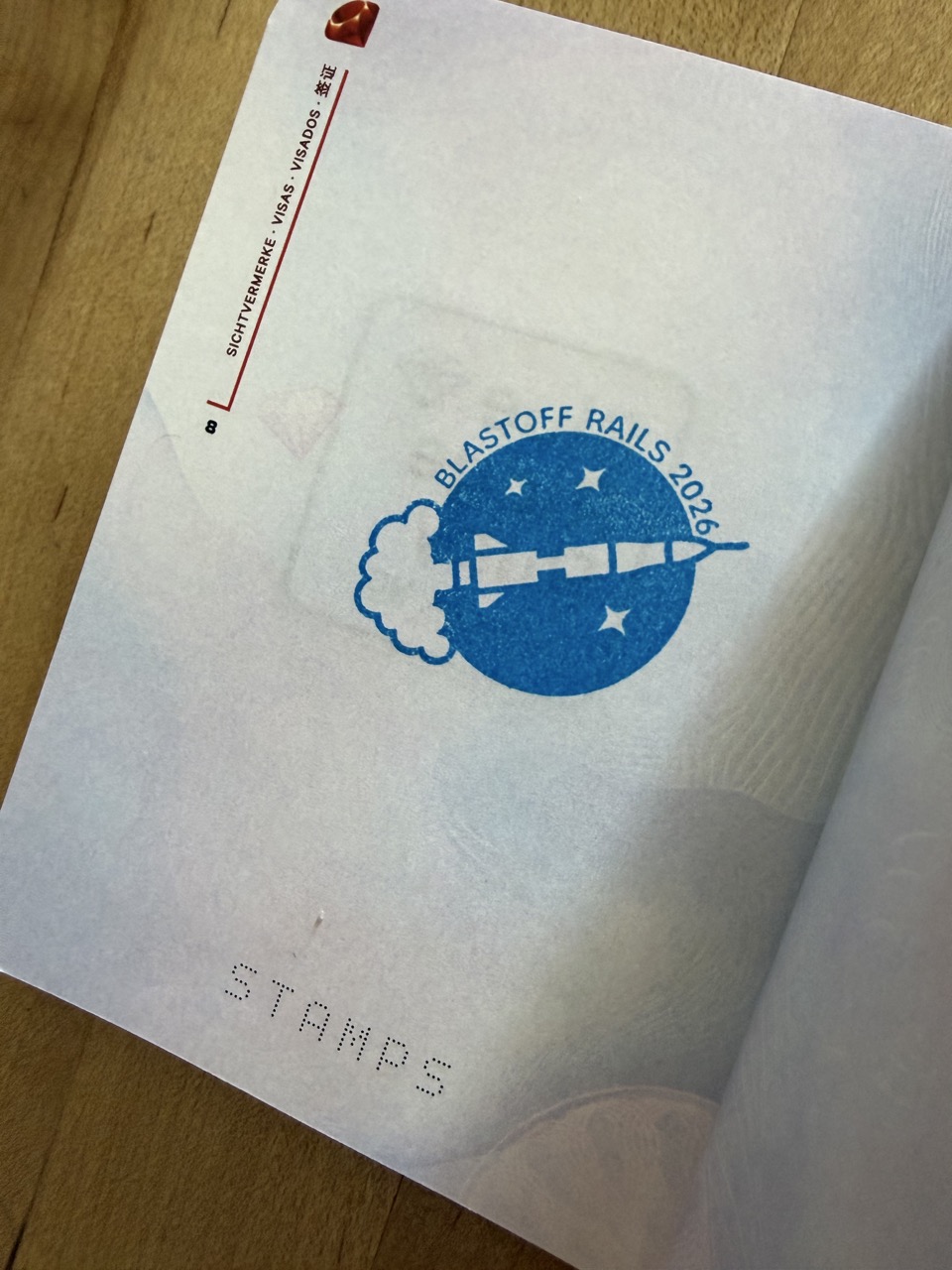 BlastOff Rails 2026 stamp in a Ruby Passport